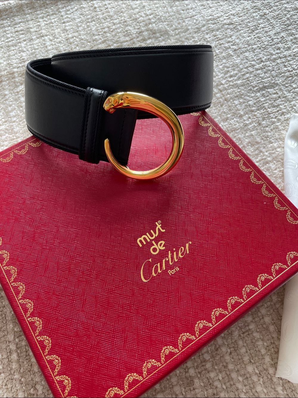 Cartier Women’s Black Leather Belt with Gold Panthère C-Form Buckle Authentic
